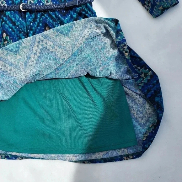 NWT Lily Rose Dress Teal/ Tan/Blue Mini Dress Medium - Picture 5 of 11